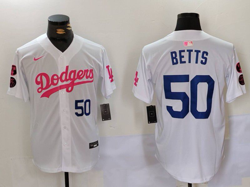 Men Los Angeles Dodgers 50 Betts White pink joint name 2024 Nike MLB Jersey style 3